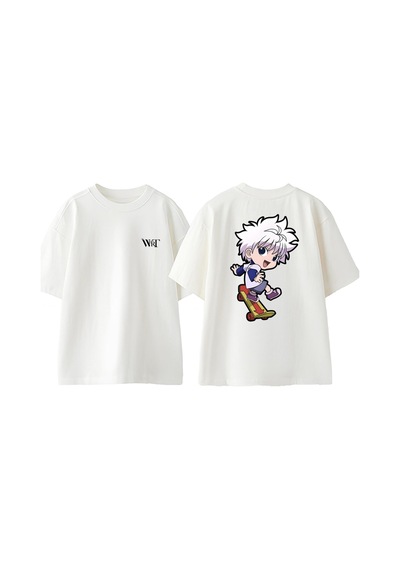 Thewert Chibi Young Hunter Tasarım Sırt Baskılı Pamuk Beyaz Oversize T-shirt