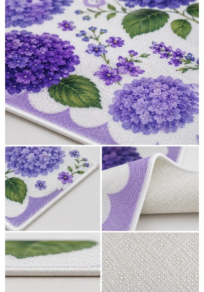 Floral Mor Ortanca Desen Baskılı Kaymaz Yıkanabilir Salon Oturma Odası Mutfak Balkon Halısı Yolluk
