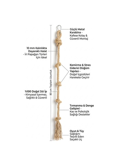Mivra Pets Papağan Stres İpi 80 Cm 10 Mm Jüt Halat
