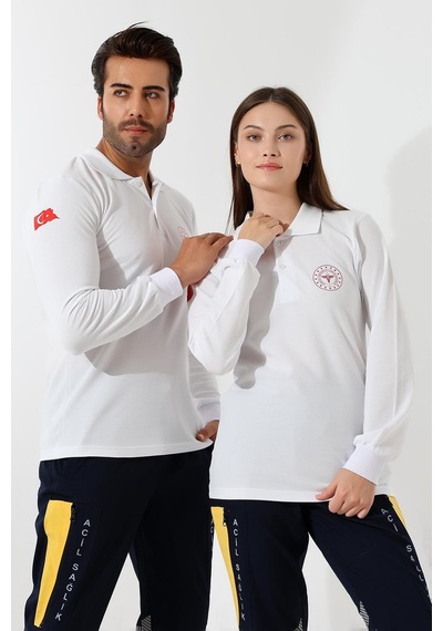 112 Acil Sağlık Yakalı Tshirt Uzun Kol Baskılı - Beyaz-12765 Beyaz