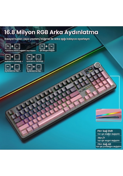 Aula F108 Pro Ekranlı Mekanik Klavye Graywood V3 Switch Rgb Hot Swap 8000mah Makrolu Oyuncu Klavyesi Gradyan Pembe