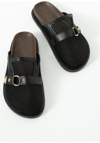Duxal Shoes Skye Siyah File Detaylı Tokalı Kadın Terlik Konfor Taban Günlük Sandalet