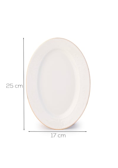 Porsima 4457 Burçak Porselen Altın Fileli Kayık Tabak Seti - Oval Kahvaltılık Sunumluk Seti 25cm Beyaz