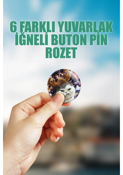 Kedi Yılbaşı Yeni Yıl Çanta Süsü İğneli Buton Rozet Seti 6 Adet Altılı