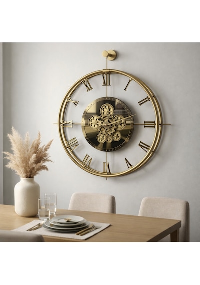 Metaquartz Aksesuar Dönence Gold Roma Rakamlı , Modern Dekoratif Metal Duvar Saati Gold