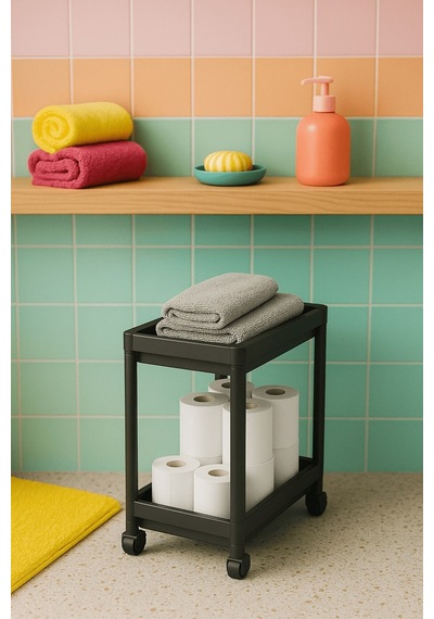 Flex Elite Pro 2 Katlı Siyah Tekerlekli Çok Amaçlı Banyo & Mutfak Düzenleyici Raf Evye Altı Deterjanlık Siyah