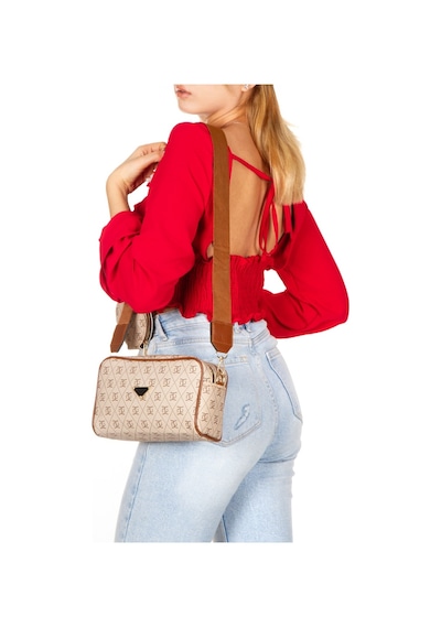 Adelina Bags Kadın Desenli Omuz Çantası Cüzdan Detaylı Çapraz Askılı Bej