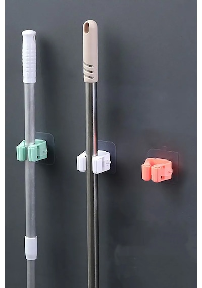 Yapışkanlı Pratik Mop Fırça Tutucu 4 Adet Poratif Banyo, Mutfak Askısı Gri