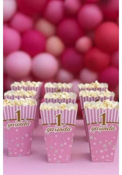 1 Yaş Doğum Günü Pembe Popcorn Kutusu, 8 Adet, Çizgili Ve Puantiyeli Tasarım, Parti Süslemesi