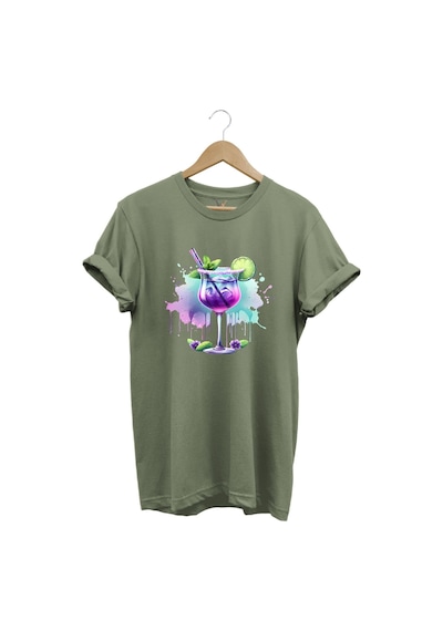 Tropik Kokteyl Temalı Renkli Yaz Baskılı %100 Pamuk Unisex Regular Fit T-shirt Haki