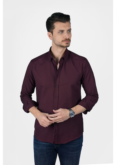 Koyu Bordo Yaka Düğmeli Premium Şamre Slimfit Erkek Gömlek Koyu Bordo