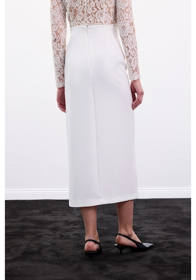 Sateen Yırtmaçlı Midi Etek - Ekru-136987 Ekru