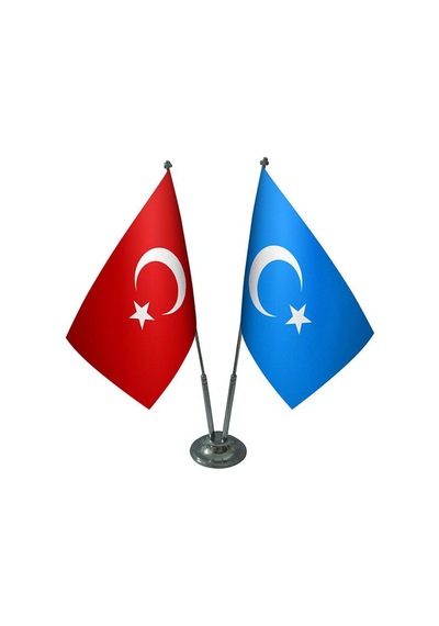 Masa Üstü Doğu Türkistan Bayrağı Türk Bayrağı İkili Krom Direk Ma