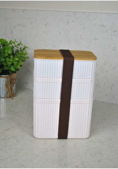 Zebra 3'lü Bambu Kapaklı Lunch Box 1 Lt + 2x 0,50 Lt- Kare Lastikli Saklama Kabı Seti Krem