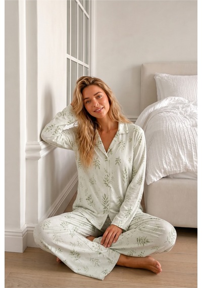 Kadın Bürümcük Tam Boy Çağla Yeşili Pijama Takımı