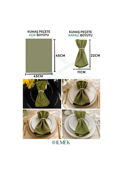 Kumaş Peçete 50'li Paket Peçete Halka Hediyeli Tam 100 Parça Haki Haki