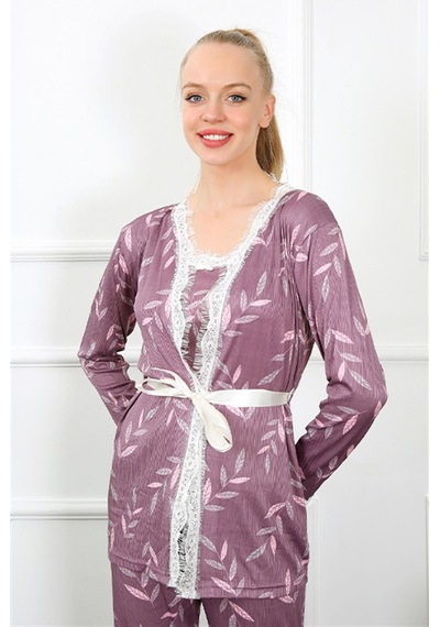İbrahim Burak Etiler Collection Moda Çizgi Kadın 3'lü Lila Sabahlık Pijama Takım 16103
