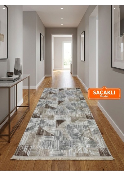 Dinar Saçaklı Gri Kahve Kaymaz Taban Yıkanabilir Kesme Yolluk Halı Modern Desen Kahverengi