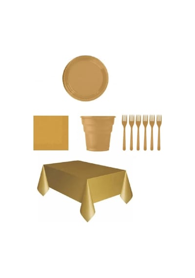 Gold Altın Renk Plastik Tabak, Bardak, Çatal, Peçete Ve Tek Kulla