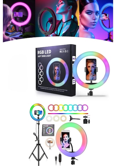 Rgb Işıklı 26 Cm 10 İnç Çok Renkli Led Ring Light 2.1m Tripot Youtube Tiktok Make Up Çekim Işığı