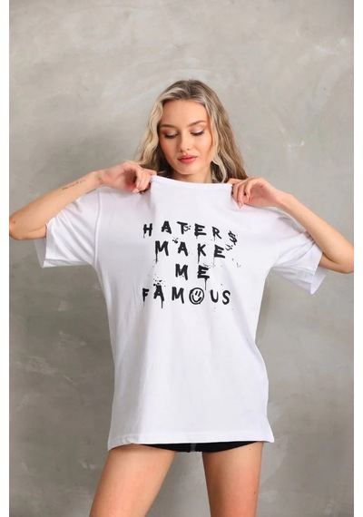Kadın Ön Ve Arka Baskılı Oversize Kısa Kol T-shirt - Beyaz Beyaz