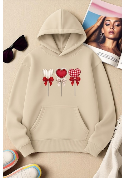 Uyguntarz Unisex Kalp Lolipop Detayli Baskılı Oversize Sweatshirt Bej