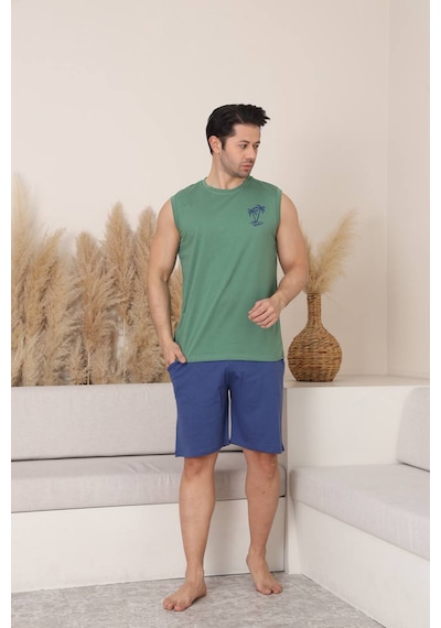 Seboteks %100 Pamuklu Kolsuz Cepli Erkek Şortlu Pijama Takımı 2011 Yeşil