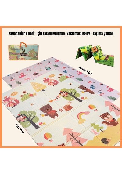 Sweden Baby Sweet Forest Çift Taraflı Katlanabilir Oyun Halısı Ve Matı Premium Seri Taşıma Çantalı- 180x120