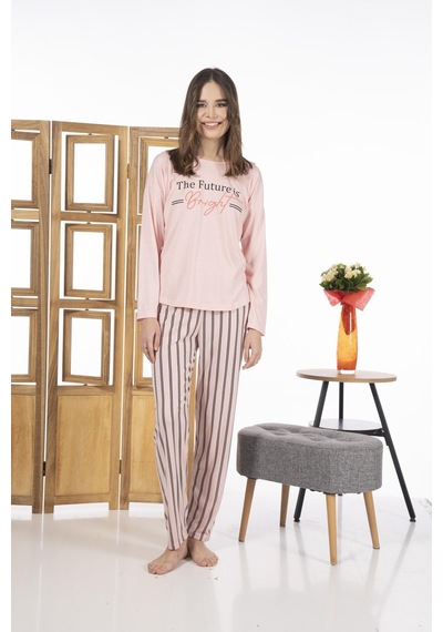 Estiva 24118 Kadın Çizgili Uzun Kollu Yazlık Viskon Pijama Takımı 001