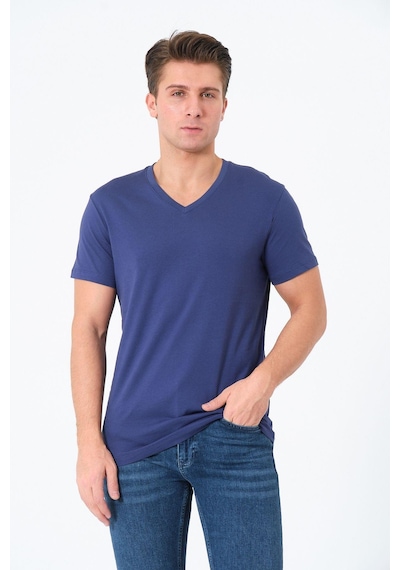Rich Erkek V Yaka %100 Pamuk Kısa Kollu Lacivert T-shirt Basic Erkek Tişört Lacivert