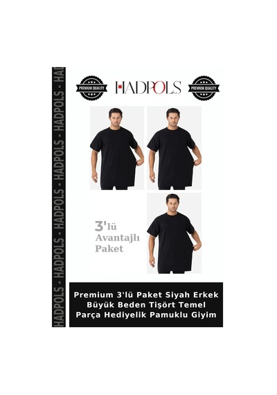 Hadpols Premium 3'lü Paket Siyah Erkek Büyük Beden Tişört Temel Parça Hediyelik Pamuklu Giyim Siyah-3