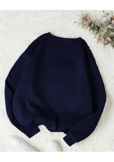 Baskısız Düz Sweatshirt - Lacivert Kalın Kışlık Şardonlu Uzun Kol Oversize Bisiklet Yaka Lacivert