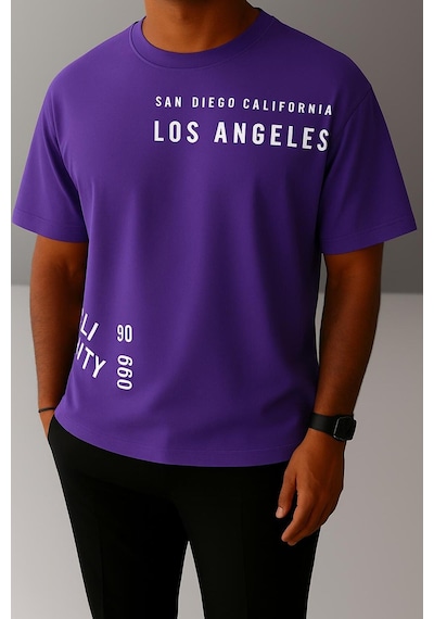 Los Angeles Baskılı Unisex Oversize Tişört Mor