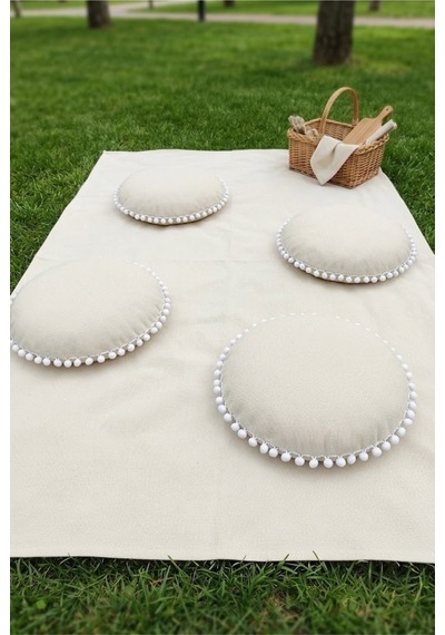 Piknik Örtüsü 170x170 Cm 4'lü Minderli Piknik Seti Ekru Ponponlu Açık Hava Kamp Bahçe Örtüsü Çok Renkli Piknik Örtüsü 170x170 Cm 4'lü Minderli Piknik Seti Ekru Ponponlu Açık Hava Kamp Bahçe Örtüsü Çok Renkli