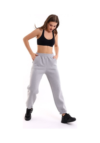 Winmoda34 Jogger Bol Kesim Kalın 3 Iplik Şardonlu Eşofman Altı Kadın gri