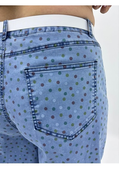 Büyük Beden Denim Kemerli Yüksek Bel Puantiyeli Cepli Balon Kesim Kadın Pantolon Mavi