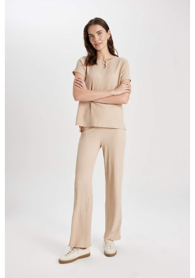 Defacto Bürümcük Pantolon Wide Leg Geniş Bol Paça Beli Lastikli C0200AX24SP Bej