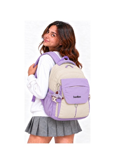 Okul Çantası Su Geçirmez Kumaş Unisex Okul Sırt Çantası 2601 Bej-lila Beyaz - Lila