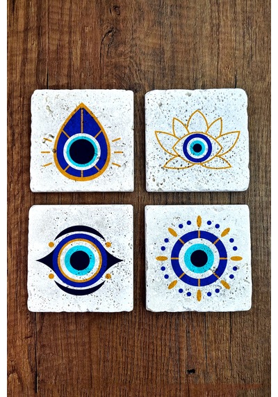Doğal Taş Bardak Altlığı 4'lü Set 10x10x1 Cm Nazar Boncuğu Desenli - Evileye Stone Coasters Çok Renkli