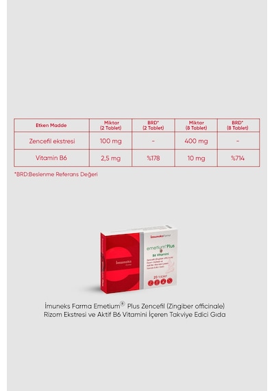 Imuneks Emetium Plus Zencefil Rizom Eki Ve Aktif B6 Vitamini Içeren Takviye Edici Gıda 20 Tablet