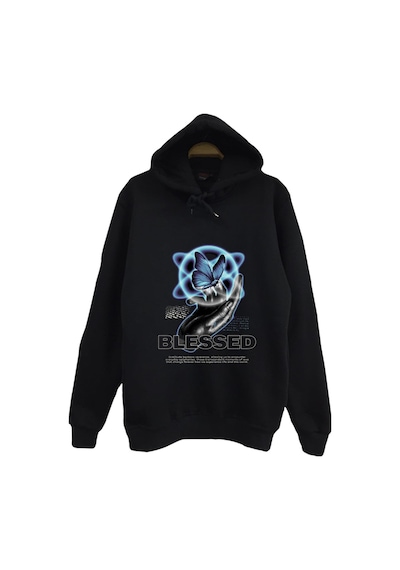 Gül Baskılı Unisex %100 Pamuk Siyah Kapüşonlu Sweatshirt Siyah