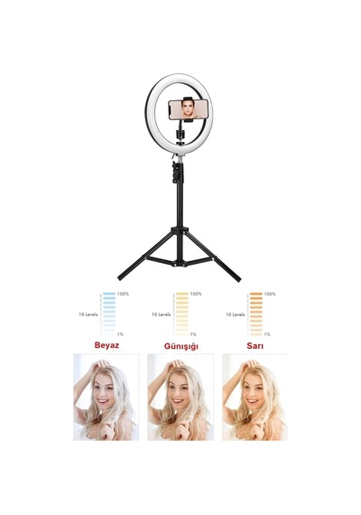 10 Inç Ring Light 3 Renk Işıklı Youtuber Led Işıklı 2.1 Metre Tripod Selfie Makyaj Işığı Çok Renkli