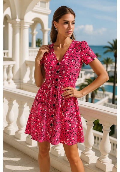 Rich Kadın Pembe Desenli Cep Detaylı Trend Elbise - Boydan Düğmeli Kısa Kollu Mini Elbise Pembe Rich Kadın Pembe Desenli Cep Detaylı Trend Elbise - Boydan Düğmeli Kısa Kollu Mini Elbise Pembe
