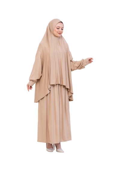 Modish Group İki Parça Namaz Elbisesi Uzun Pamuklu Tesettür Giyim Abaya & Başörtüsü Set Koyu Vizon