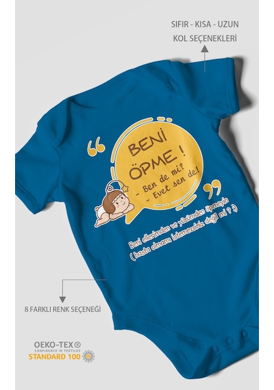 Beni Öpme Bende Mi Evet Sende Baskılı Bebek Zıbını Çıtçıtlı Body %100 Pamuk Kısa Kol Koyu Mavi