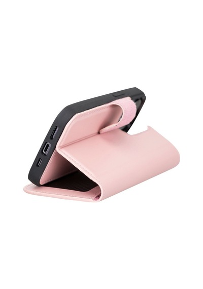 Apple Uyumlu  iPhone 13 Pro Deri Cüzdanlı Kılıf Nu2 Pembe