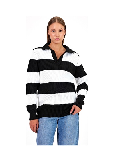 Cool Tarz Kadın Çizgili Şeritli Comfort V Polo Yaka Triko Siyah Siyah