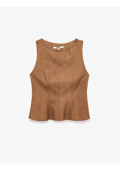 Koton Viskon Kumaş Floral Dokulu Kolsuz Bisiklet Yaka Peplum Bluz Kahverengi 6sak30097pw Kahve