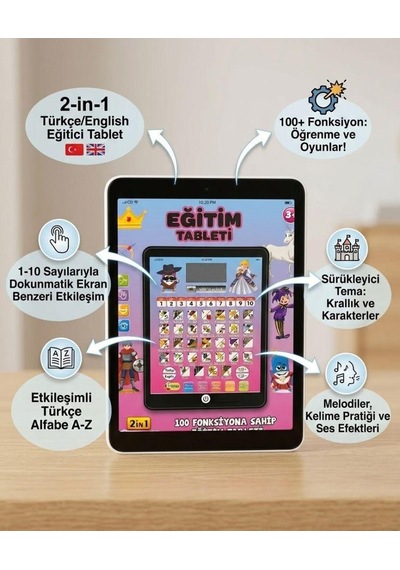 Sesli Pilli 100 Fonksiyonlu 2in1 Eğitici Tablet Türkçe & İngilizce Alfabe Eğitici Oyuncak