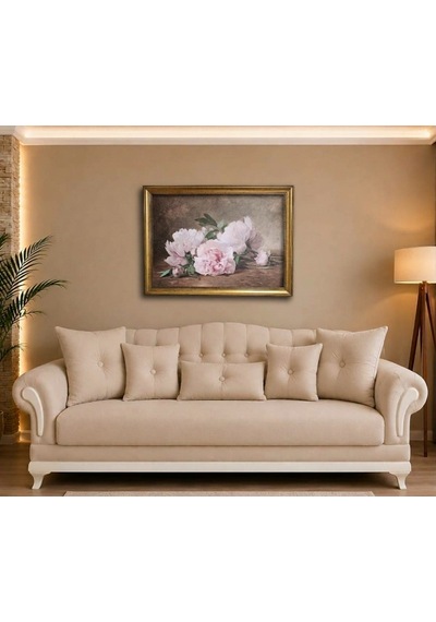 Klasik Gold Çerçeveli Pembe Şakayık Çiçekleri Tablo Lüks Salon Oturma Odası Duvar Dekoru 80x60 Cm